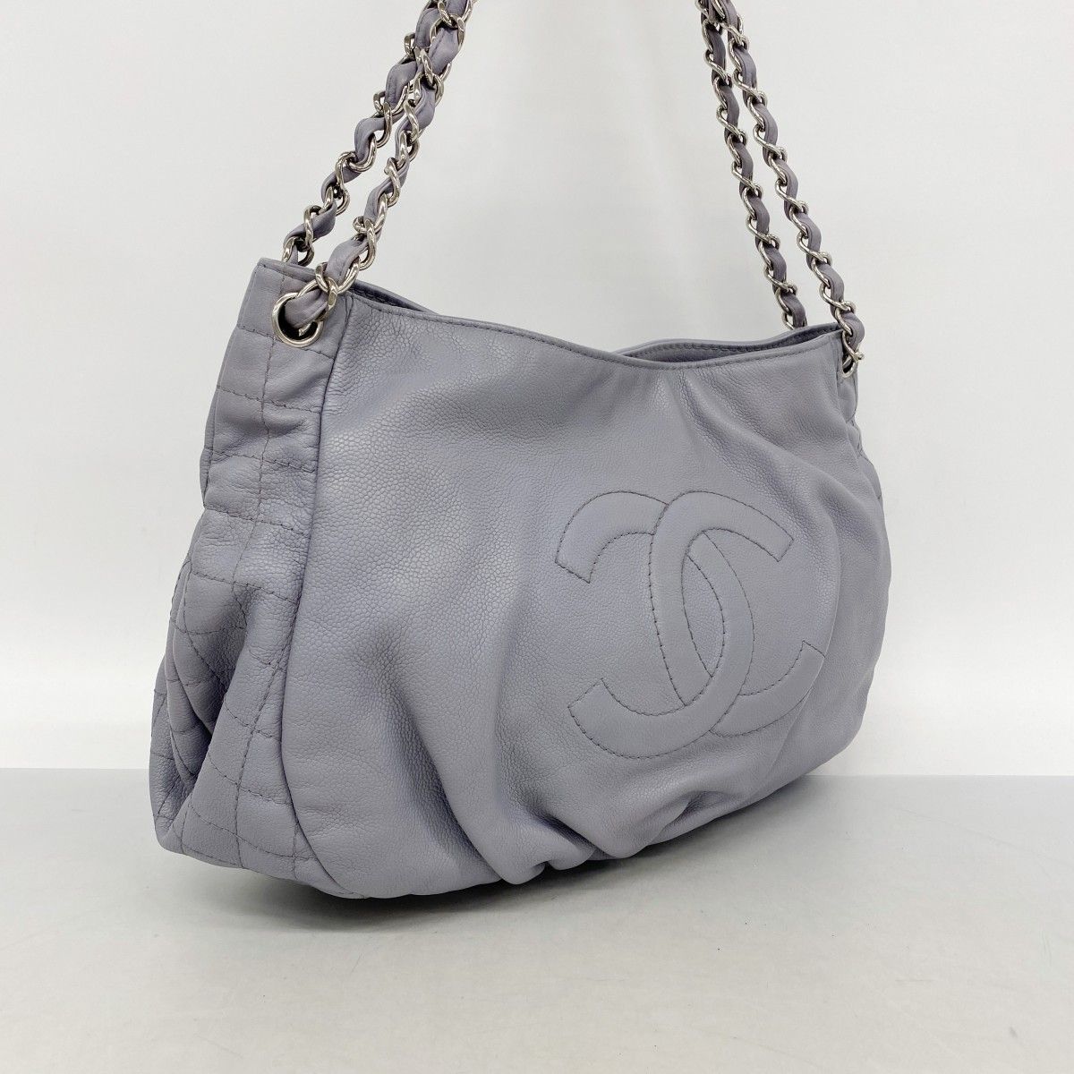 Chanel Chain Tote Quilted Caviar Leather Blue Gray Silver — view 2