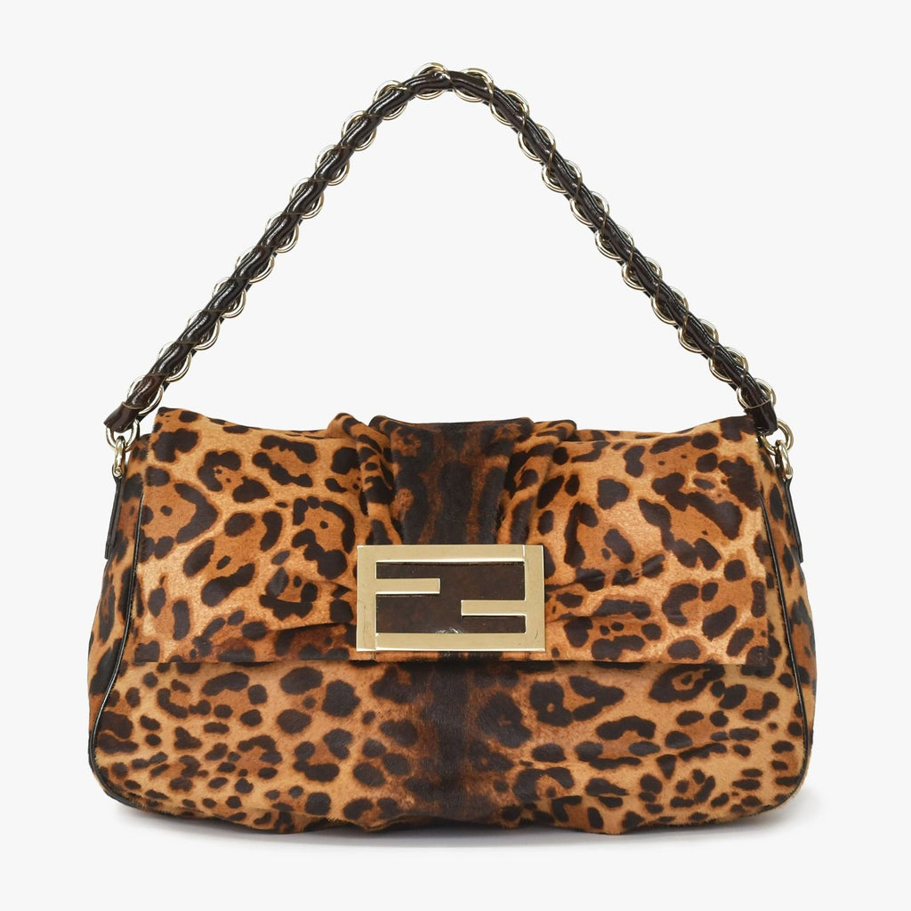 Fendi Shoulder Bag Mamma Baguette Silver Leopard Leather Calf Hair — view 2