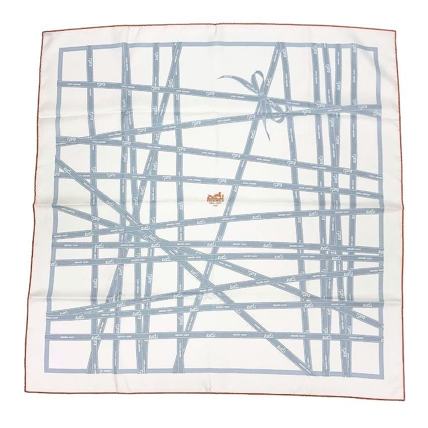 Hermes Super Carre 90 Scarf Bolduc Ribbon Pattern White Ginza 100% Silk