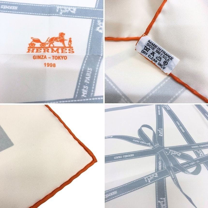 Hermes Super Carre 90 Scarf Bolduc Ribbon Pattern White Ginza 100% Silk — view 3