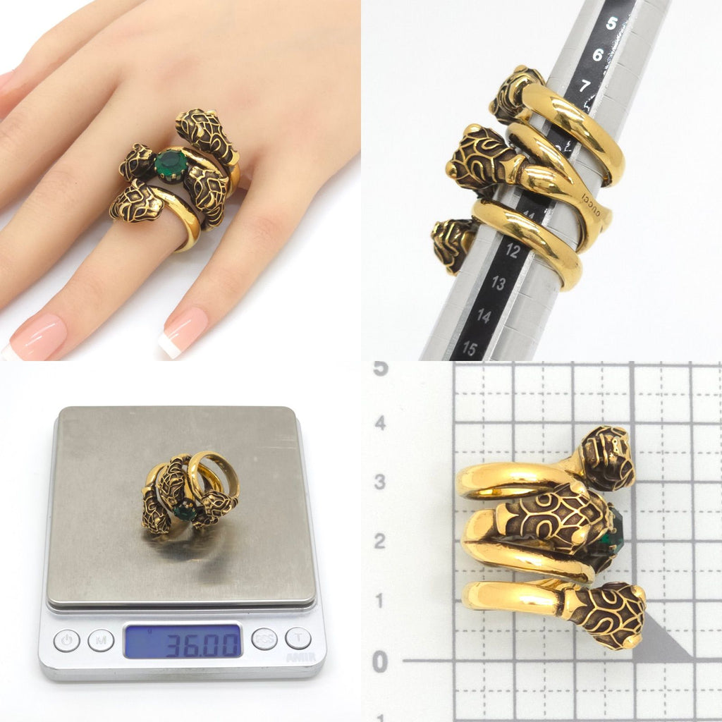 Gucci Tiger Head Double Wrap Ring Aging Gold Finish Metal Green Swarovski — view 8