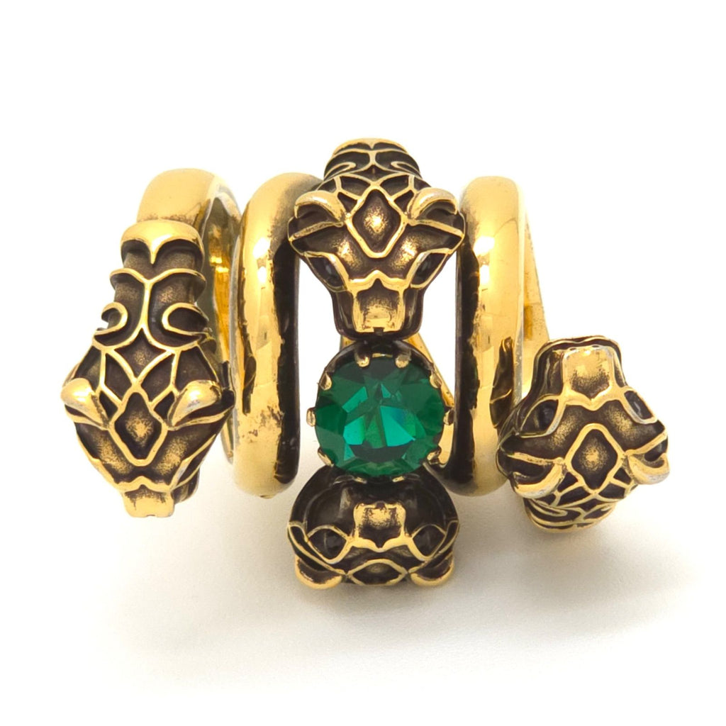 Gucci Tiger Head Double Wrap Ring Aging Gold Finish Metal Green Swarovski