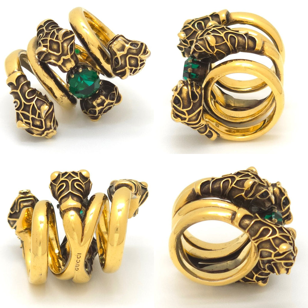 Gucci Tiger Head Double Wrap Ring Aging Gold Finish Metal Green Swarovski — view 3