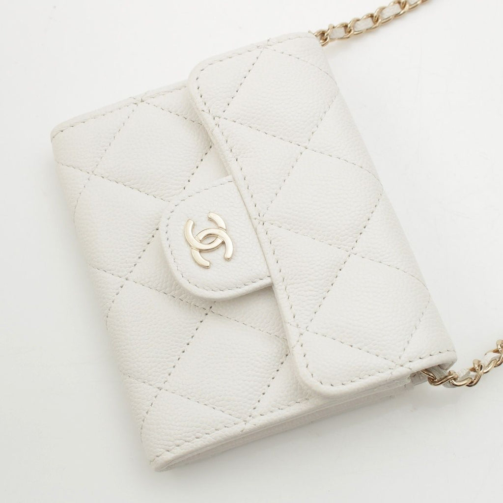 Chanel Caviar Leather Quilted CC Logo Mini Chain Wallet Card Case White — view 3