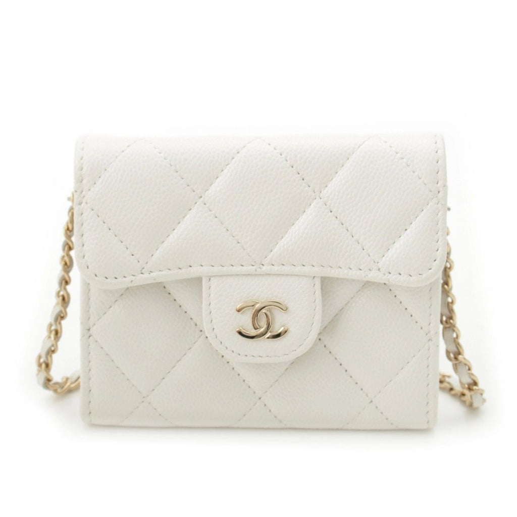 Chanel Caviar Leather Quilted CC Logo Mini Chain Wallet Card Case White