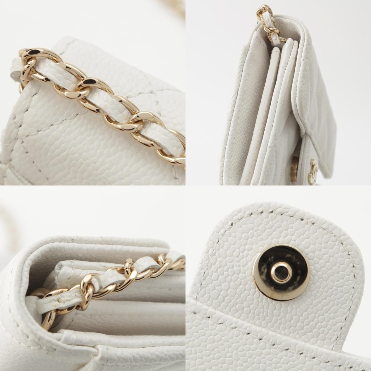Chanel Caviar Leather Quilted CC Logo Mini Chain Wallet Card Case White — view 9