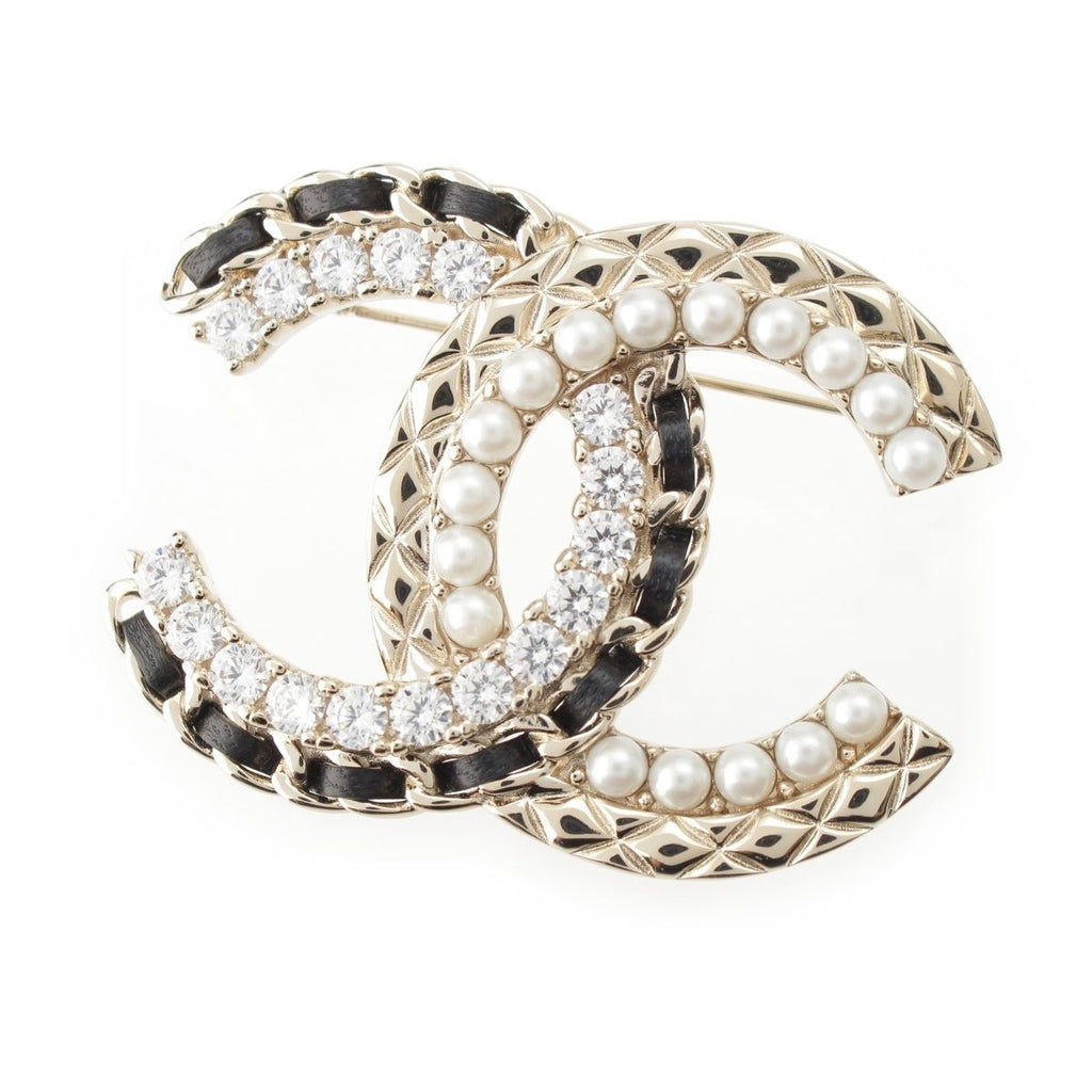 Chanel Pearl Rhinestone Quilted Brooch Gold