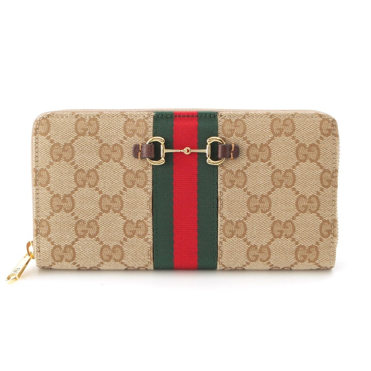 Gucci Horsebit GG Canvas Web Zip Around Wallet Beige