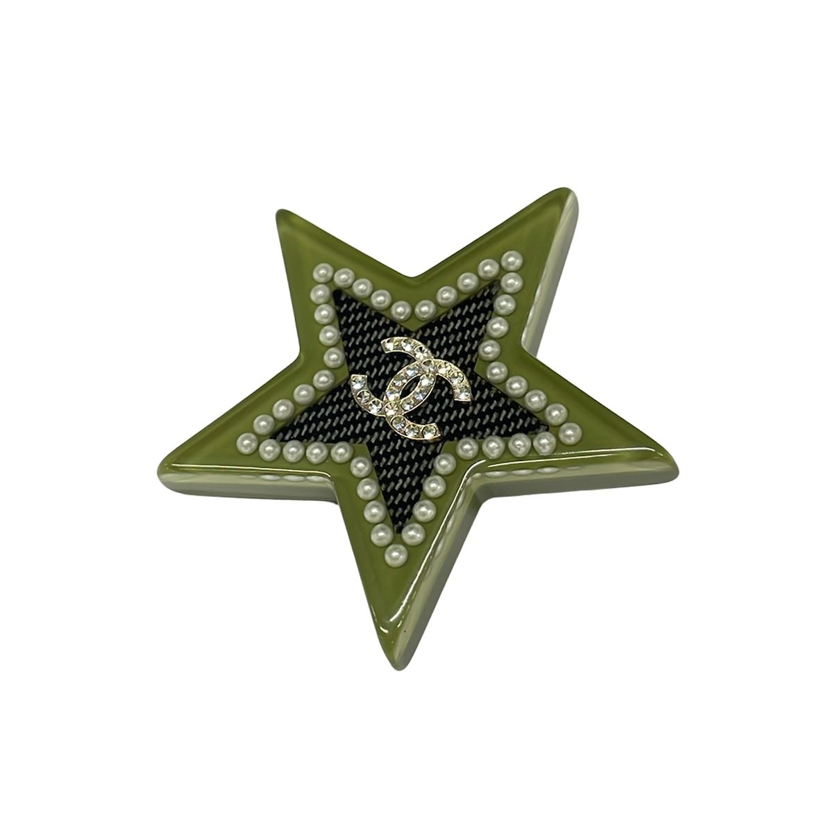 Chanel Brooch CC Logo Khaki Black Multi Star