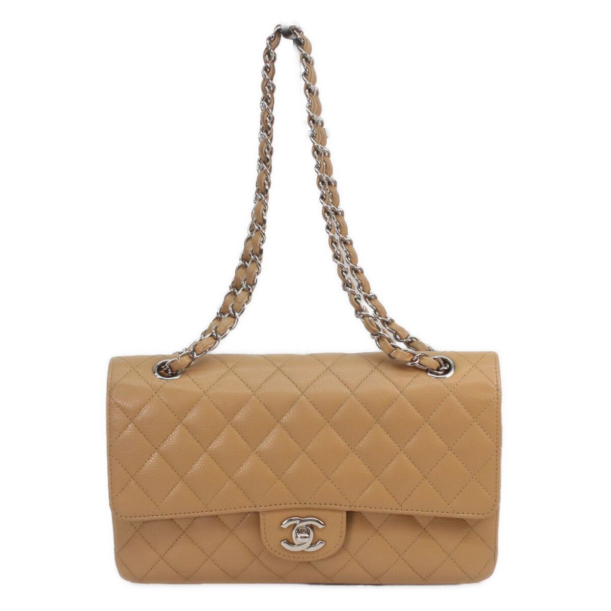 Chanel Beige Caviar Silver Quilted 25 Shoulder