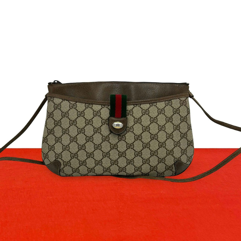 Gucci Vintage Sherry Line GG Logo Leather Shoulder Bag Brown