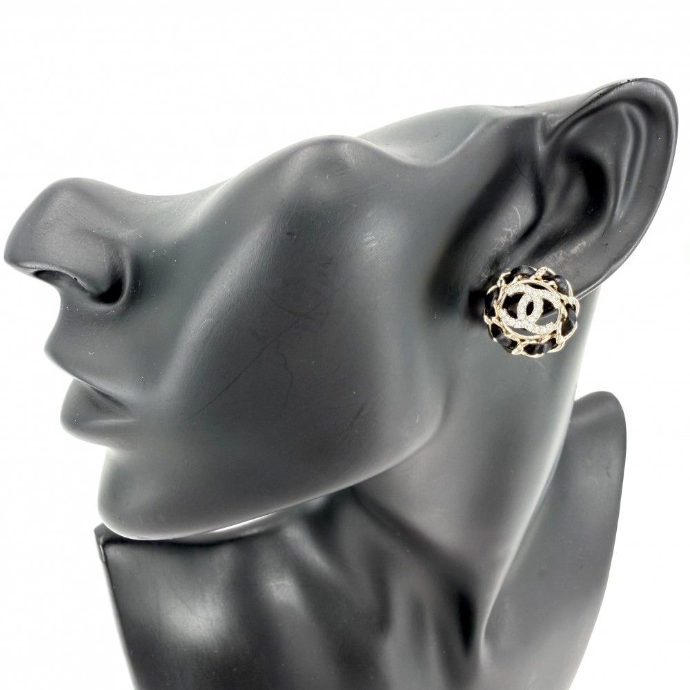 Chanel Earrings Chain CC Logo Leather Rhinestone Gold Black — view 2