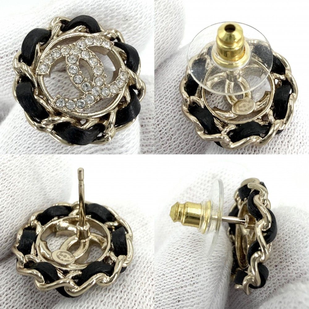 Chanel Earrings Chain CC Logo Leather Rhinestone Gold Black — view 4
