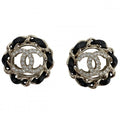 Chanel Earrings Chain CC Logo Leather Rhinestone Gold Black
