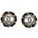 Chanel Earrings Chain CC Logo Leather Rhinestone Gold Black