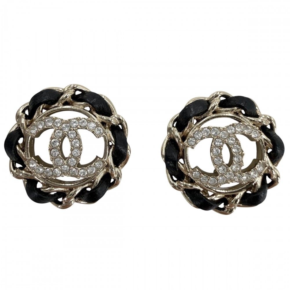 Chanel Earrings Chain CC Logo Leather Rhinestone Gold Black