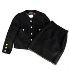 Chanel Set CC Logo Chain Collarless Jacket Skirt Vintage 38 Black Gold Wool
