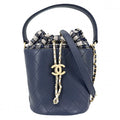 Chanel Shoulder Bag CC Logo Quilted Drawstring 2-Way Leather Navy Gold