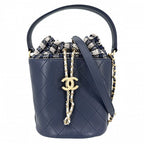 Chanel Shoulder Bag CC Logo Quilted Drawstring 2-Way Leather Navy Gold