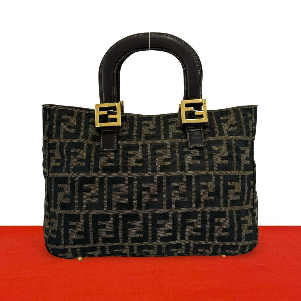 Fendi Zukka FF Logo Canvas Leather Handbag Mini Tote Brown