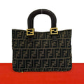Fendi Zukka FF Logo Canvas Leather Handbag Mini Tote Brown