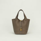 Hermes Picotin Lock PM 18 Tote Taurillon Clemence Etoupe Gray Gold