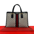 Gucci Vintage Sherry Line GG Logo Leather Handbag Business Bag Navy