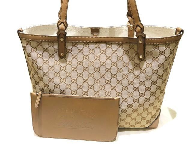 Gucci Tote GG Canvas Beige Leather Brown