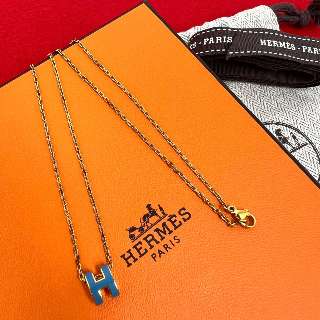 Hermes Mini Pop Necklace Lacquer Box Bag Pendant Choker Gold Blue