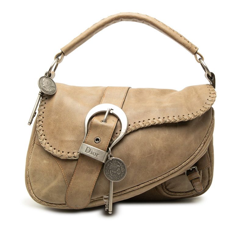 Dior Gaucho Handbag Shoulder Beige Leather