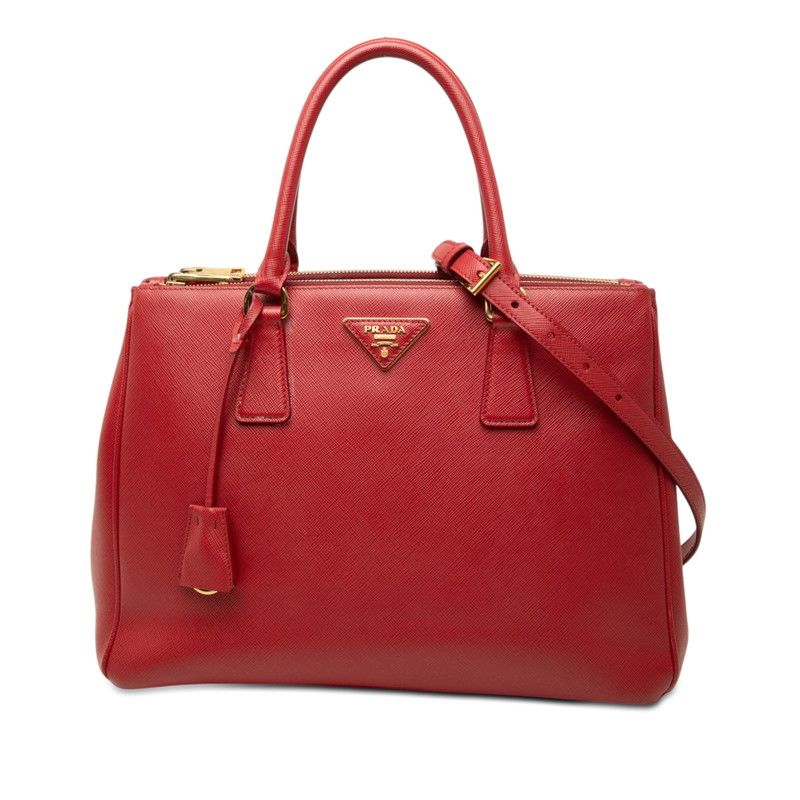 Prada Saffiano Galleria 2-Way Crossbody Shoulder Bag Red Gold Leather