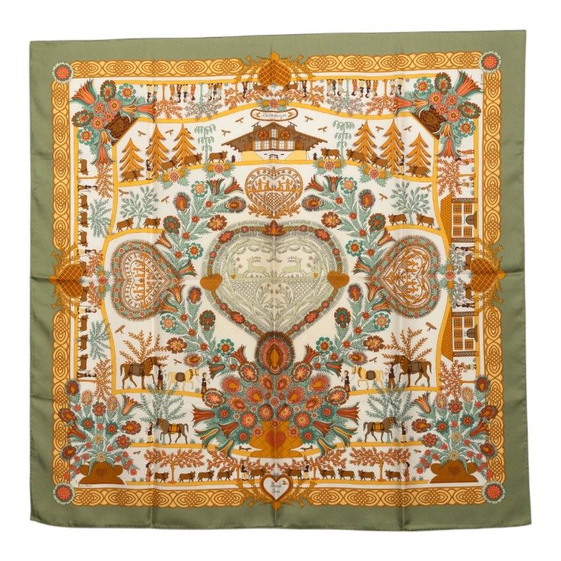 Hermes Carre 90 Decoupages Paper Cutting Scarf Khaki Green Multicolor Silk