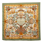 Hermes Carre 90 Decoupages Paper Cutting Scarf Khaki Green Multicolor Silk