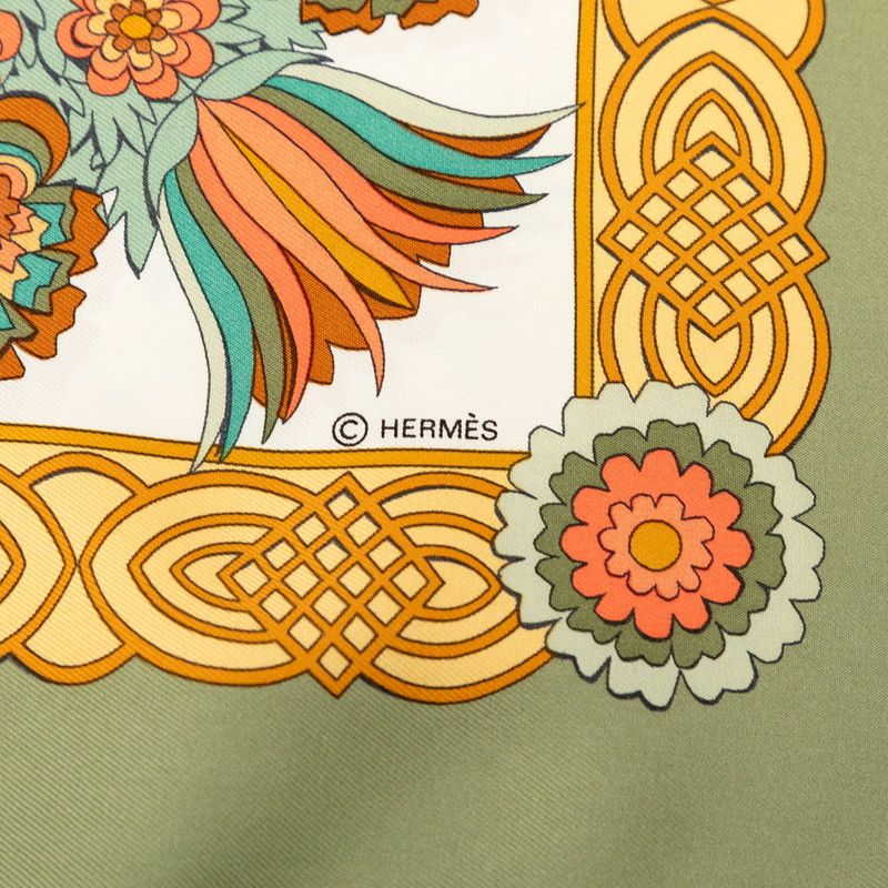 Hermes Carre 90 Decoupages Paper Cutting Scarf Khaki Green Multicolor Silk — view 7