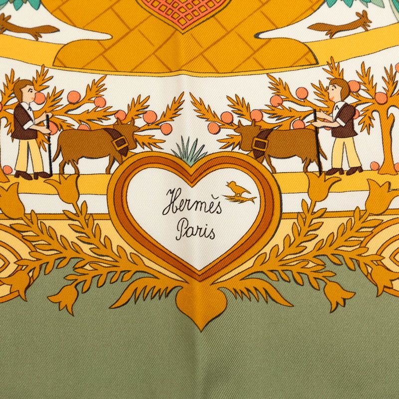 Hermes Carre 90 Decoupages Paper Cutting Scarf Khaki Green Multicolor Silk — view 6