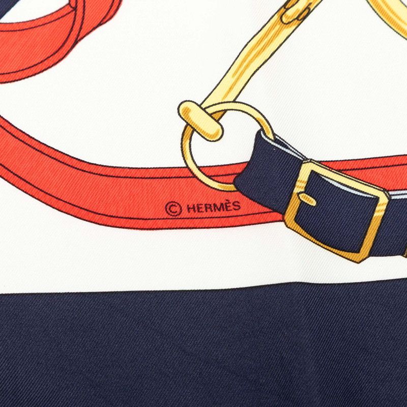 Hermes Carre 90 Yellow Gold Beat Eperon D'or Scarf Navy White Silk — view 4