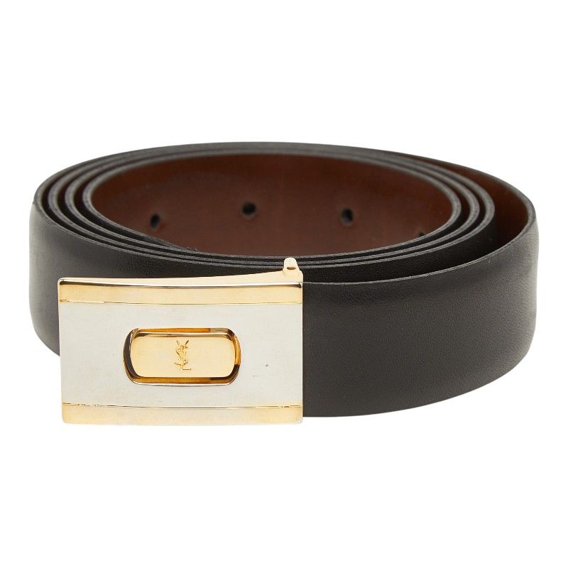 Saint Laurent Vintage Logo Belt Black Brown Leather Plated