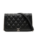 Chanel CC Logo Quilted Boy Chain Wallet Shoulder Bag Black Silver Caviar Leather