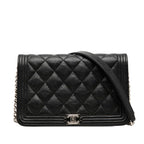 Chanel CC Logo Quilted Boy Chain Wallet Shoulder Bag Black Silver Caviar Leather