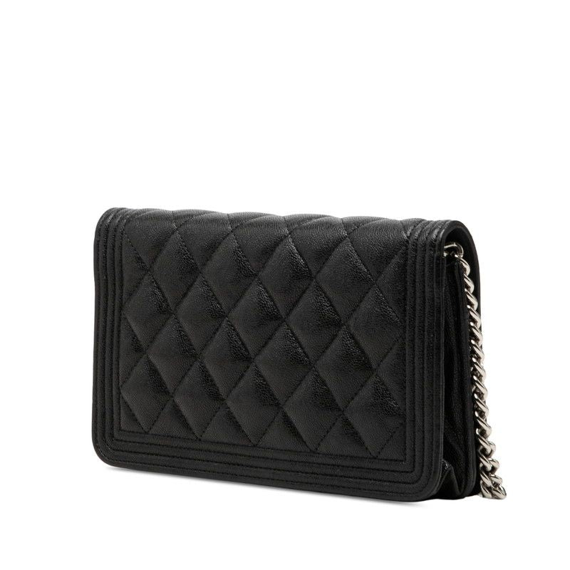 Chanel CC Logo Quilted Boy Chain Wallet Shoulder Bag Black Silver Caviar Leather — view 2