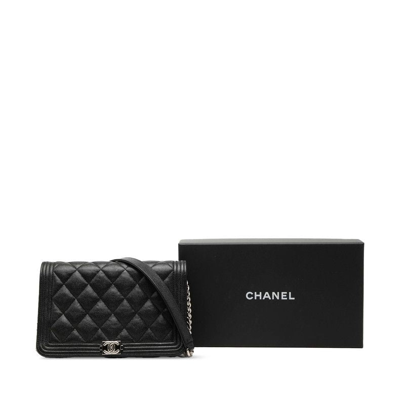 Chanel CC Logo Quilted Boy Chain Wallet Shoulder Bag Black Silver Caviar Leather — view 7