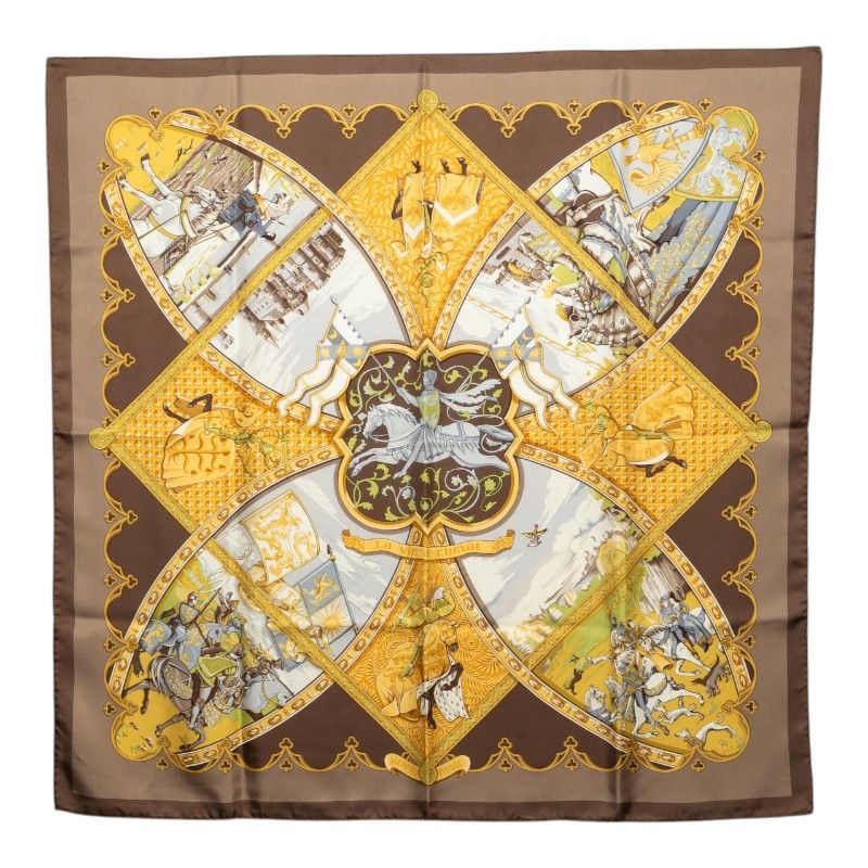 Hermes Carre 90 Life on Horseback la Vie a Cheval Scarf Brown Multicolor Silk