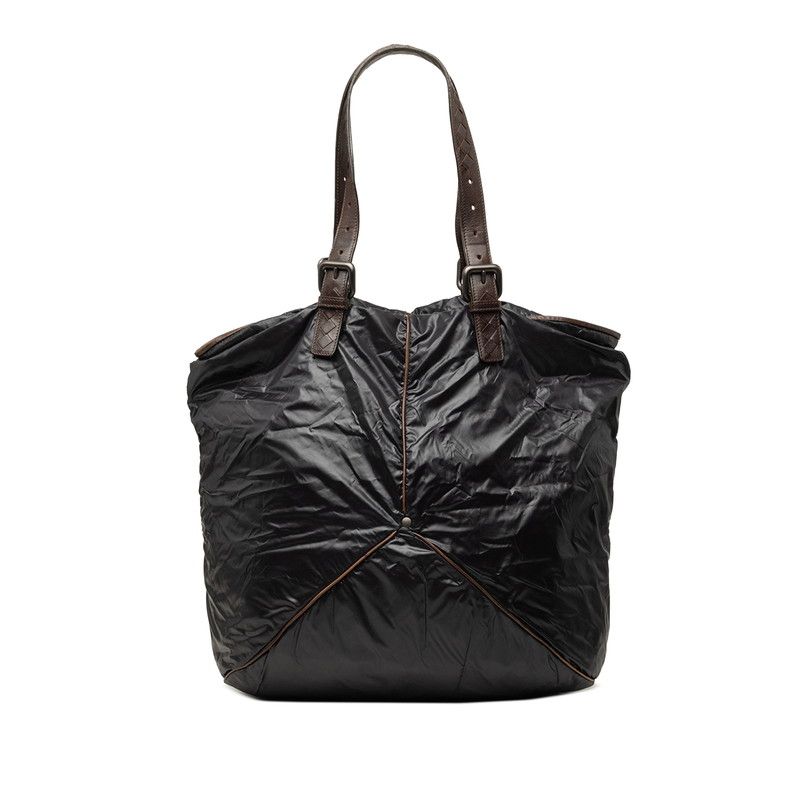 Bottega Veneta Spinnaker Tote Shoulder Bag Black Brown Nylon Leather
