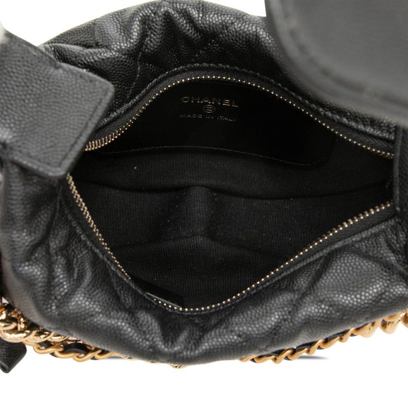 Chanel CC Logo Quilted Mini Hobo Handbag Ribbon Chain Black Caviar Leather — view 4