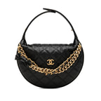 Chanel CC Logo Quilted Mini Hobo Handbag Ribbon Chain Black Caviar Leather