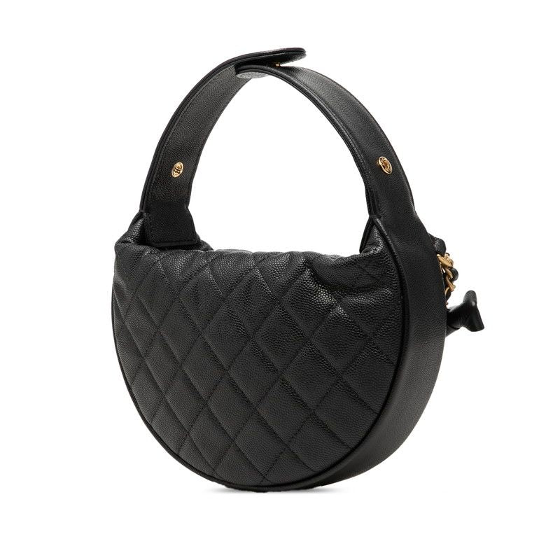 Chanel CC Logo Quilted Mini Hobo Handbag Ribbon Chain Black Caviar Leather — view 2