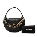 Chanel CC Logo Quilted Mini Hobo Handbag Ribbon Chain Black Caviar Leather — view 7