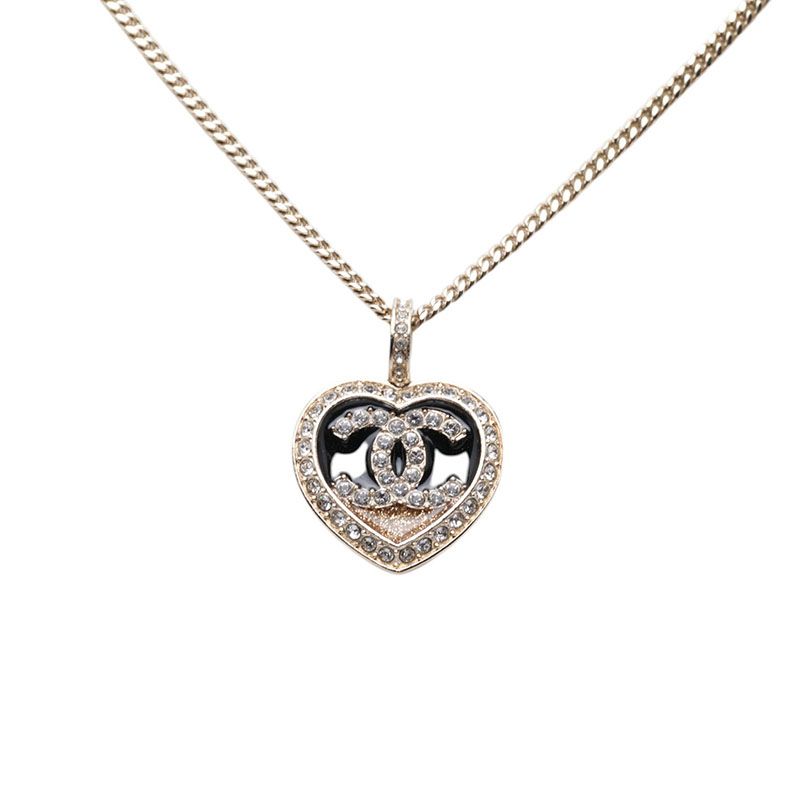 Chanel CC Logo Heart Motif Necklace Gold Black Plating Rhinestone