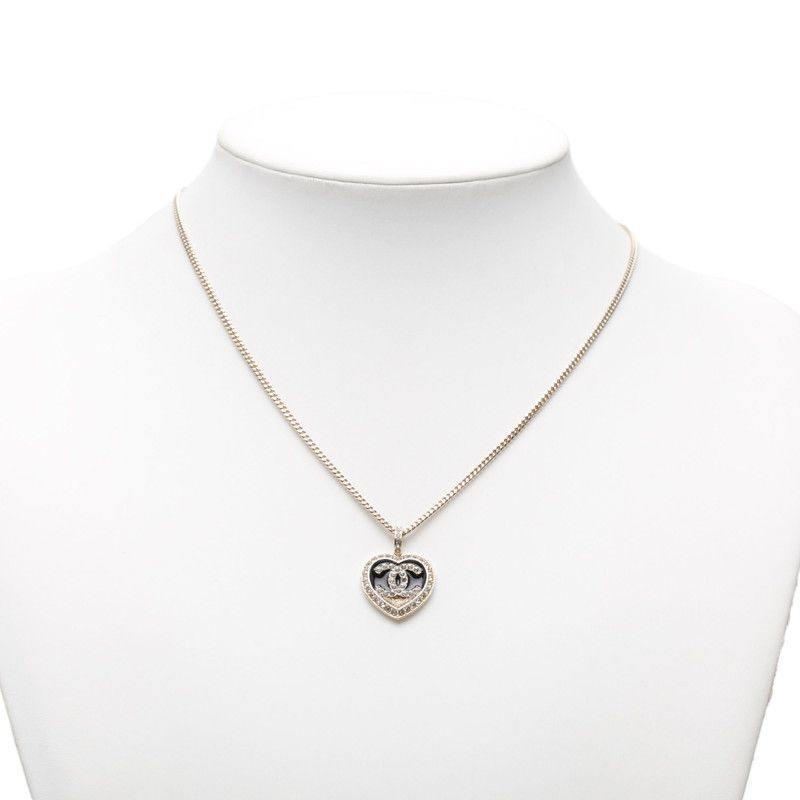 Chanel CC Logo Heart Motif Necklace Gold Black Plating Rhinestone — view 6