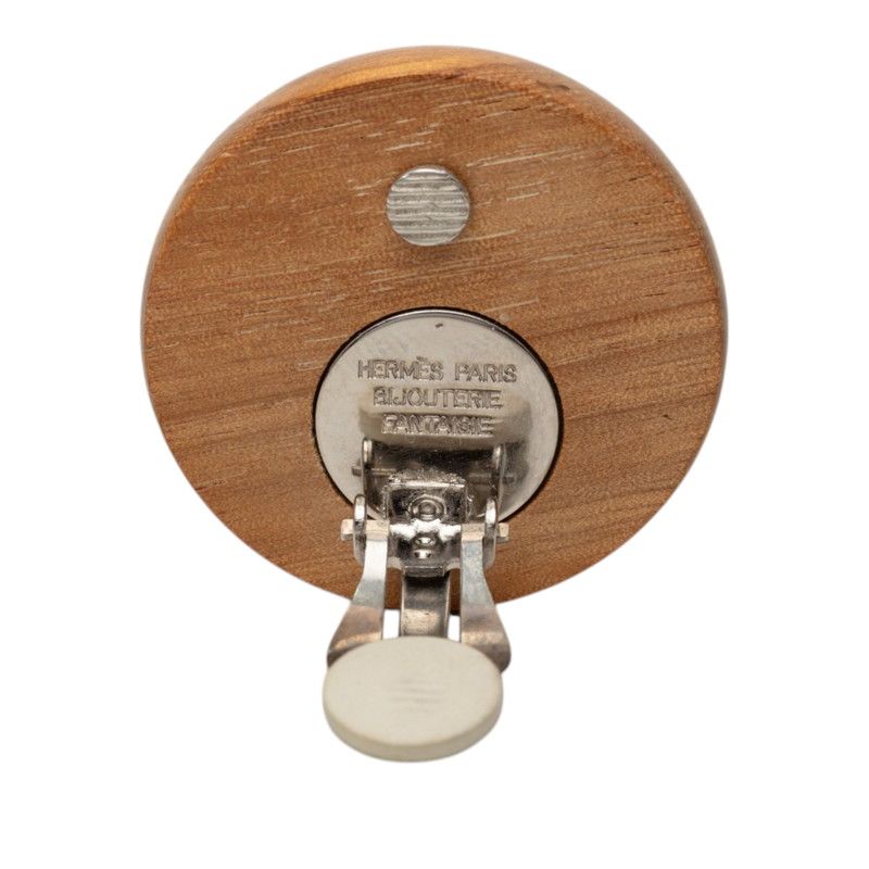 Hermes Series Round Earrings Brown Silver Wood Metal — view 3
